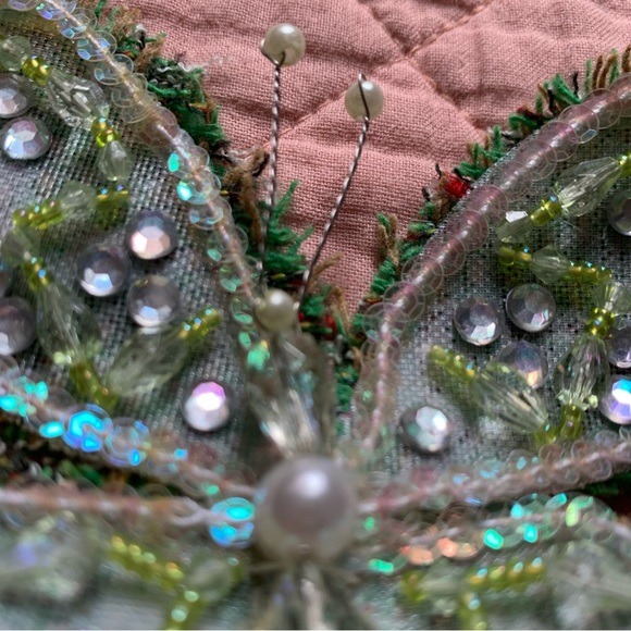 VINTAGE - Green fabric butterfly brooch - pin - with beads and rhinestones - Picture 6 of 6